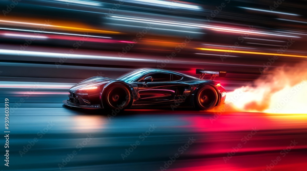 Highspeed car racing on a track, motion blur and tire smoke, 3D illustration Highspeed car racing on a track, motion blur and tire smoke, 3D illustration