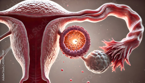 cross-sectional female ovary during ovulation phase menstrual cycle. follicle releasing an egg (oocyte) into the fallopian tube. structure of the ovary, egg towards tube.