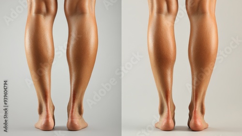 The image shows a side-by-side comparison of a person's legs, illustrating the changes in muscle definition and tone before and after an exercise program in a simple background photo