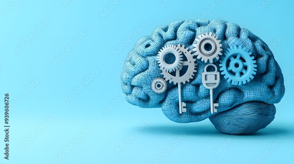 Digital brain model with mechanical gears and a key symbolizing artificial intelligence, cognitive processing, and cybersecurity concepts. Digital brain model with mechanical gears and a key symbolizing artificial intelligence, cognitive processing, and cybersecurity concepts.