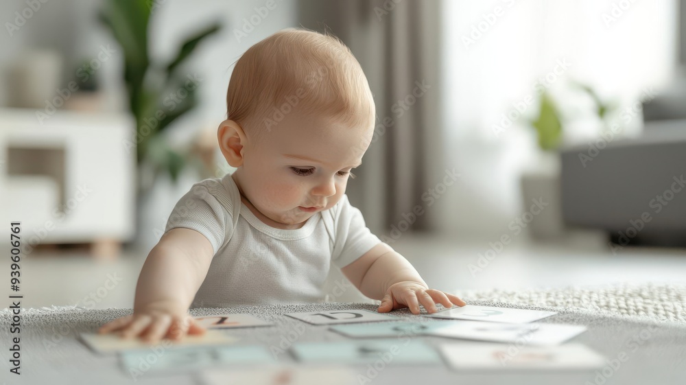 A curious baby explores educational cards on a soft rug in a modern living room, showcasing early learning and discovery. A curious baby explores educational cards on a soft rug in a modern living room, showcasing early learning and discovery.