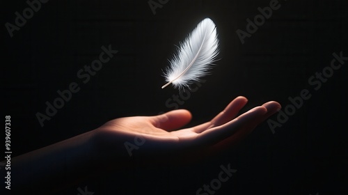 Feather falling on outstretched hand surrounded by black.