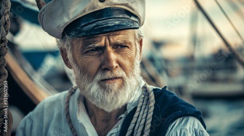 Bearded sailor in nautical uniform standing near the sea, embodying the essence of a maritime captain by the ocean with a boat and ship in the background