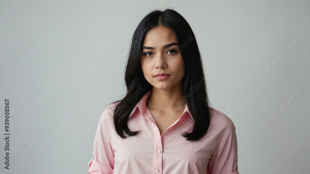 Obraz premium teen stunning black hair finnougric woman generic shirt model portrait standing straight on a plain white background for ad concept space for text