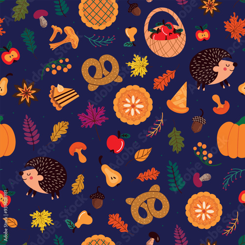 Autumn Thanksgiving seamless pattern. Fall forest seamless background. Vector illustration 