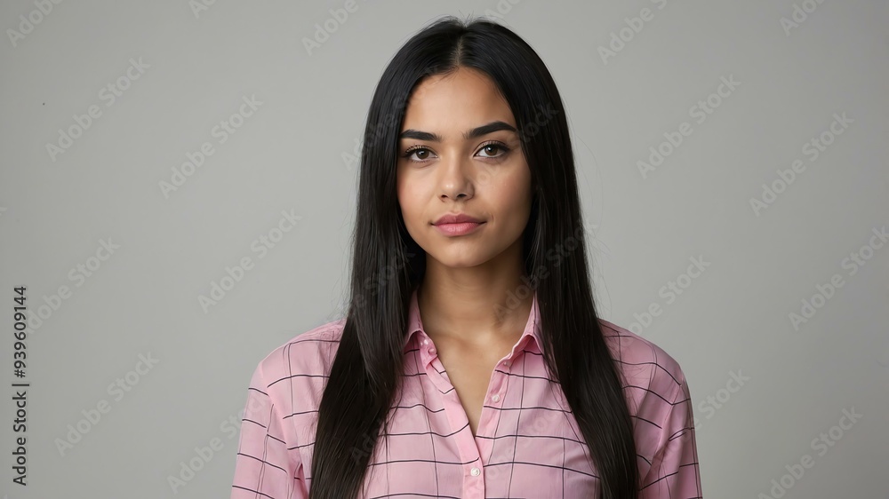 Fototapeta premium teen stunning black hair european woman with pink shirt model portrait standing straight on a plain white background for ad concept space for text