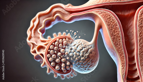 cross-sectional female ovary during ovulation phase menstrual cycle. follicle releasing an egg (oocyte) into the fallopian tube. structure of the ovary, egg towards tube.