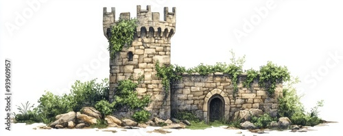 Watercolor illustration of a medieval castle tower, clipart, stone structure with ivy, isolate on white background photo