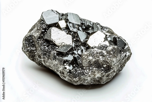 A large piece of shiny, dark gray pyrite on a white background. photo