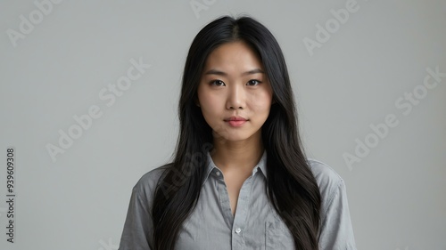 teen stunning black hair east asian woman generic shirt model portrait standing straight on a plain white background for ad concept space for text