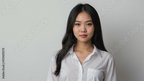 teen stunning black hair east asian woman generic shirt model portrait standing straight on a plain white background for ad concept space for text