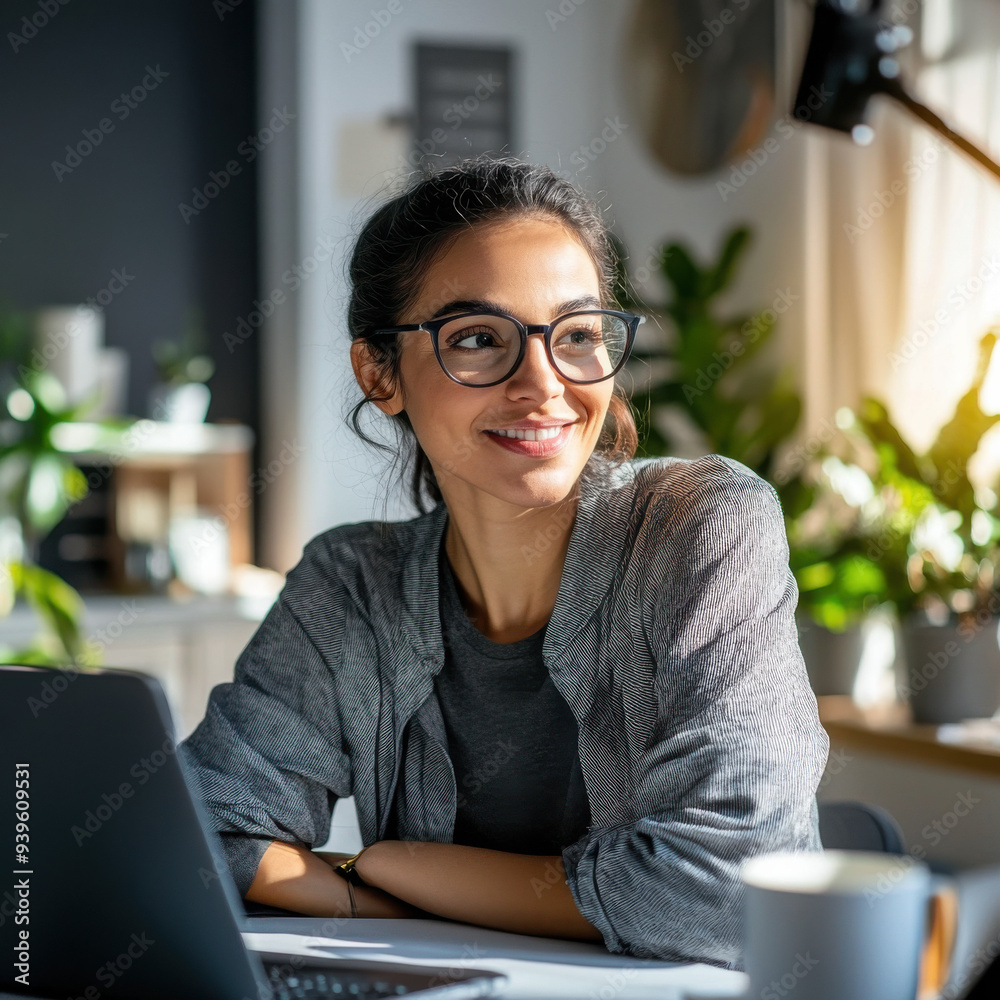 A woman with glasses is sitting at a table with a laptop A woman with glasses is sitting at a table with a laptop