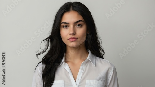 teen stunning black hair caucasian woman with white shirt model portrait standing straight on a plain white background for ad concept space for text