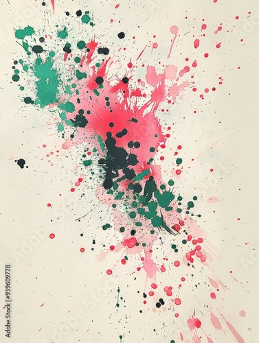 This image showcases a vividly dynamic abstract composition of green, pink, and black paint splatters spread randomly across a light backdrop, giving a sense of chaotic energy.