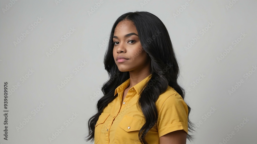 Fototapeta premium teen stunning black hair american woman with yellow shirt model portrait standing straight on a plain white background for ad concept space for text