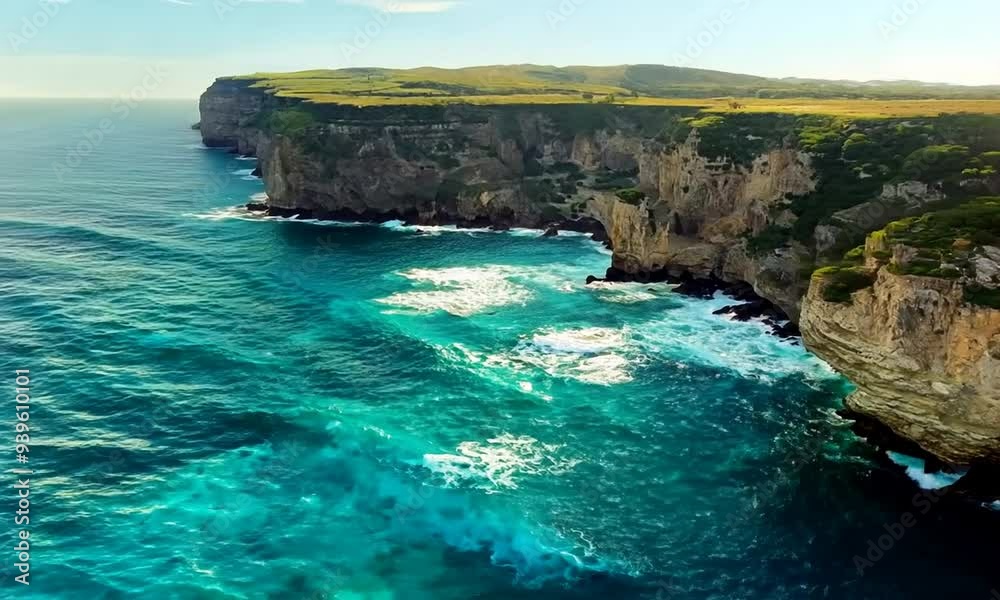 Majestic ocean cliffs with rugged rocky coastline and turquoise waves crashing against the shore Majestic ocean cliffs with rugged rocky coastline and turquoise waves crashing against the shore