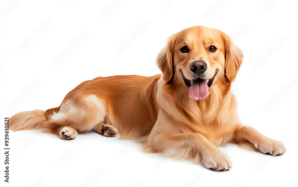 Golden Retriever dog - Canis lupus familiaris - great popular family domestic animal good with children isolated on white background tongue out while panting, laying and looking towards camera Golden Retriever dog - Canis lupus familiaris - great popular family domestic animal good with children isolated on white background tongue out while panting, laying and looking towards camera