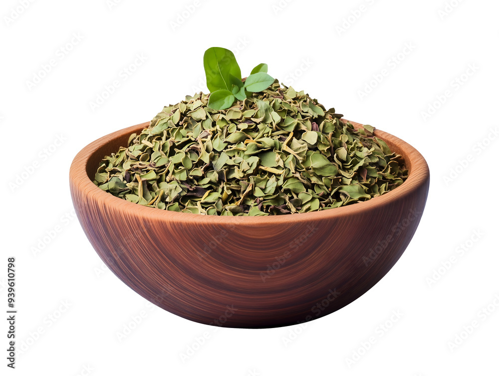 Dried moringa leaves in wooden bowl isolated on transparent or white background Dried moringa leaves in wooden bowl isolated on transparent or white background