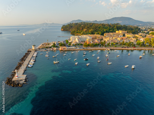 Aerial panoramic drone view of beautiful corfu town and garitsa in corfu island Greece with yachts in summer photo