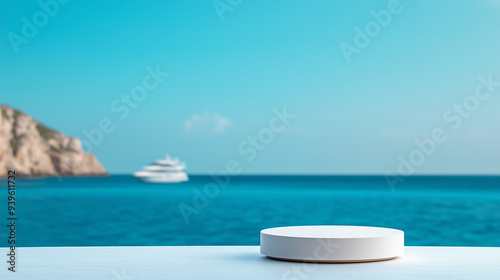 Mockup white podium for product presentation with luxury yacht in blue sea ocean and mountain