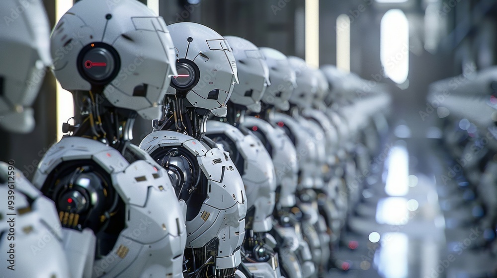 Fototapeta premium Futuristic cinematic ai robot workforce in a high-tech environment - digital illustration of advanced robotics operating in a modern industrial setting, perfect for technology, automation, and artific
