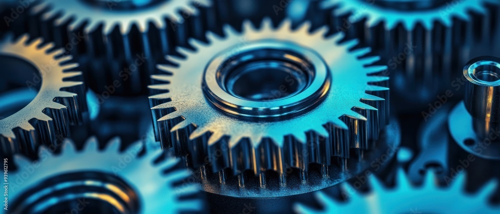Close-up of Interlocking Metal Gears with Blue Tinting Close-up of Interlocking Metal Gears with Blue Tinting
