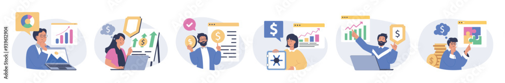 Business concept set in flat design for web. Collection with people brainstorming, making data charts analysis, managing processes, creating strategy, achieving financial goals. Vector illustration. Business concept set in flat design for web. Collection with people brainstorming, making data charts analysis, managing processes, creating strategy, achieving financial goals. Vector illustration.