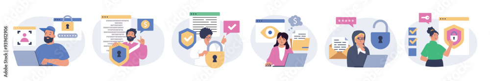 Cyber security concept set in flat design for web. Collection with people using protection system with identify scans, protecting online personal information with firewal shield. Vector illustration. Cyber security concept set in flat design for web. Collection with people using protection system with identify scans, protecting online personal information with firewal shield. Vector illustration.