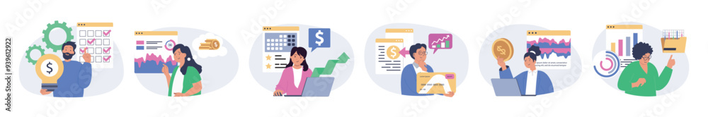 Digital business concept set in flat design for web. Collection with people create content plan, analyzing data, using marketing tools for increasing profits, attracting clients. Vector illustration. Digital business concept set in flat design for web. Collection with people create content plan, analyzing data, using marketing tools for increasing profits, attracting clients. Vector illustration.