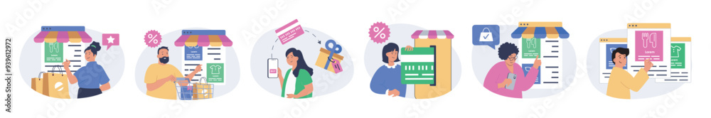 Mobile commerce concept set in flat design for web. Collection with people making purchases using apps, paying online with credit cards and gets gifts, ordering products to home. Vector illustration. Mobile commerce concept set in flat design for web. Collection with people making purchases using apps, paying online with credit cards and gets gifts, ordering products to home. Vector illustration.