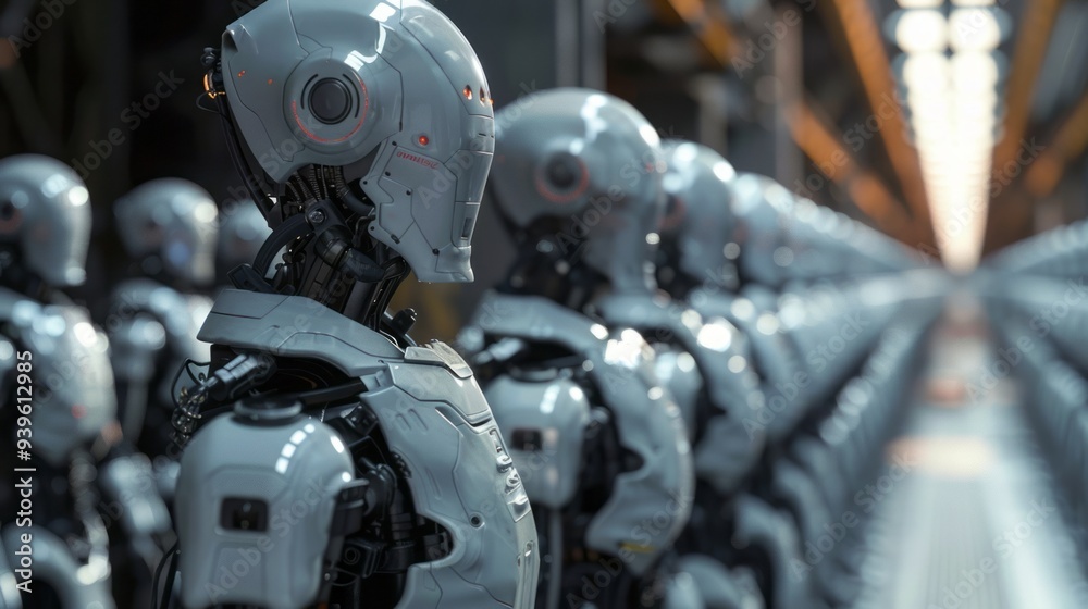Fototapeta premium Futuristic cinematic ai robot workforce in a high-tech environment - digital illustration of advanced robotics operating in a modern industrial setting, perfect for technology, automation, and artific