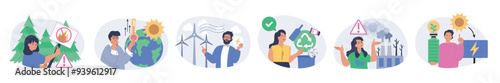 Ecology concept set in flat design for web. Collection with people stop forest fires, climate changes with global warming, using alternative energy, sorting waste for recycling. Vector illustration.