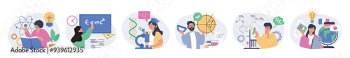 Education concept set in flat design for web. Collection with people learning science, reading books, brainstorming and getting knowledge, making tests with microscope in lab. Vector illustration.