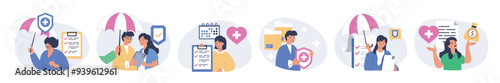 Insurance concept set in flat design for web. Collection with people using protection policy and assurance agreement for saving health, family, documents, finance, life, business. Vector illustration.