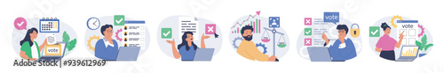 Online voting concept set in flat design for web. Collection with people making choosing in political vote online, analyzing politics rating and exit polls, making decisions. Vector illustration.