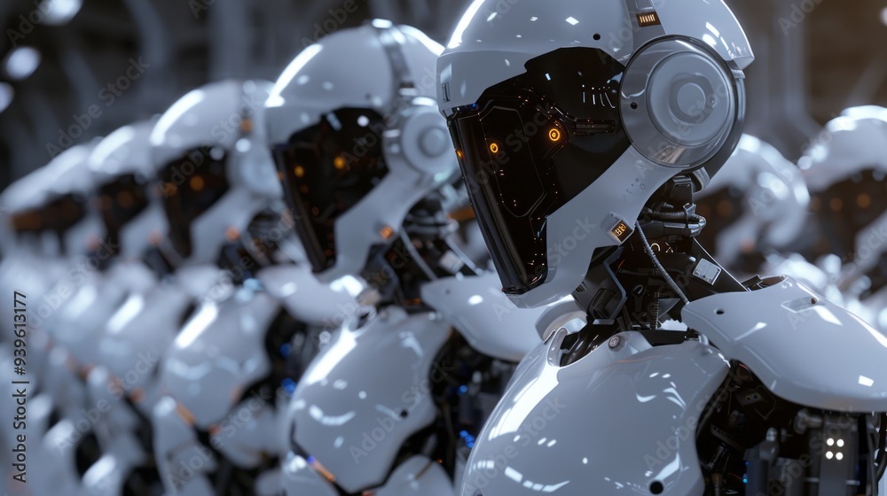 Fototapeta premium Futuristic cinematic ai robot workforce in a high-tech environment - digital illustration of advanced robotics operating in a modern industrial setting, perfect for technology, automation, and artific