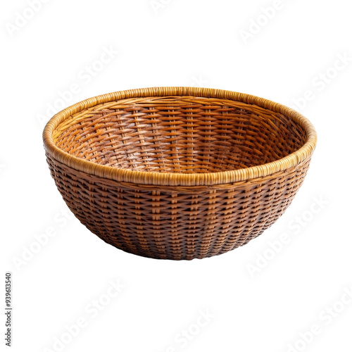 A beautifully crafted round woven basket, showcasing intricate weaving patterns, ideal for organizing items or adding a rustic touch to home decor. Transparent background PNG