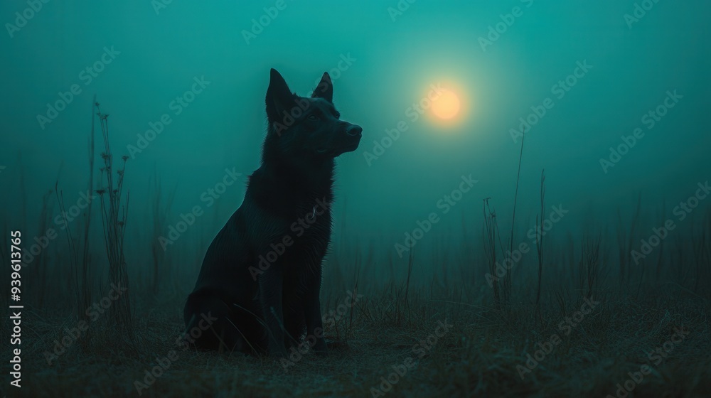 The dog stands in the night The dog stands in the night