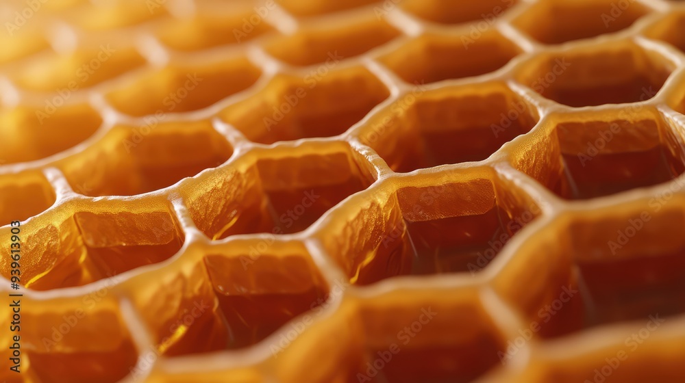 Detailed macro close-up of a 3D honeycomb, showing the precise hexagonal shapes and realistic depth. Detailed macro close-up of a 3D honeycomb, showing the precise hexagonal shapes and realistic depth.