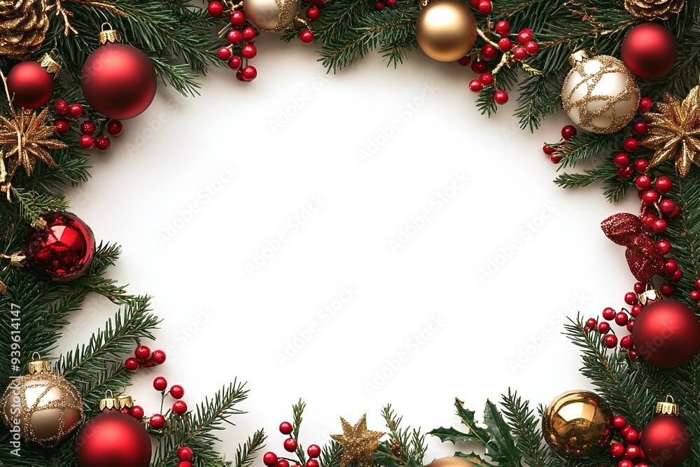 Festive Christmas Frame with Pine Cones and Red Berries