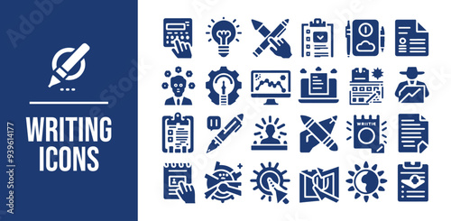Writing icon set. write, pencil, note, edit, Containing pen, writer, document, text and more. Solid vector icons collection