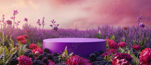 A vibrant outdoor setting featuring a purple podium surrounded by lush flowers and berries under a picturesque sky. photo