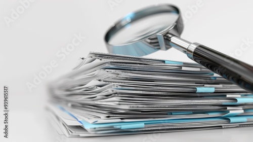 The stack of documents with a magnifying glass