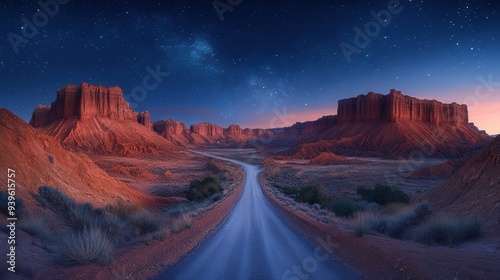 At night, the road winds among the semi-desert mountains, surrounded by beautiful nature.