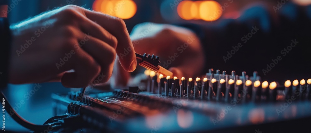 A Hand Connecting a Cable to a Mixing Console with Illuminated Buttons A Hand Connecting a Cable to a Mixing Console with Illuminated Buttons