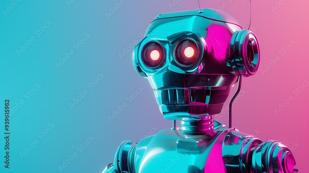 A retro-futuristic robot with shiny chrome and glowing LED eyes, posed against a teal and pink gradient, blending vintage design with modern technology A retro-futuristic robot with shiny chrome and glowing LED eyes, posed against a teal and pink gradient, blending vintage design with modern technology