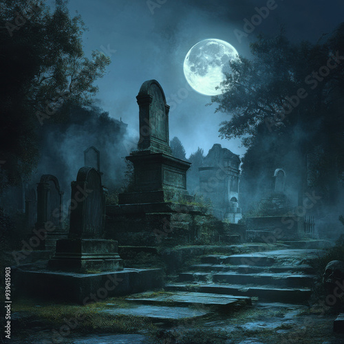 A serene cemetery scene illuminated by a full moon in the night sky