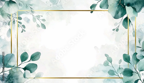 Watercolor white and green floral blank pages with gold borders clipart, wedding card background