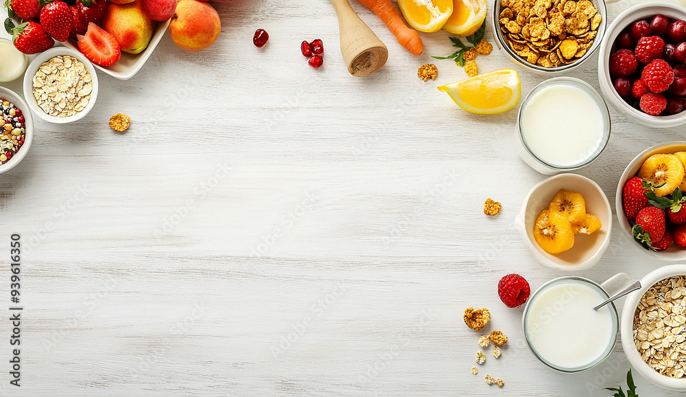 Photo of A variety of breakfast foods on white wooden background Photo of A variety of breakfast foods on white wooden background