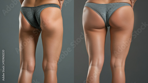 The photograph captures a pair of well-defined thighs and glutes from the back, showcasing the results of a dedicated fitness routine, girl's legs and butt before and after butt pumping in the gym photo